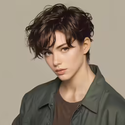 a woman with short hair in an army green jacket