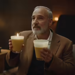 an older man with a white beard holding two drinks