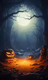 three jack o lantern pumpkins are glowing in the dark forest