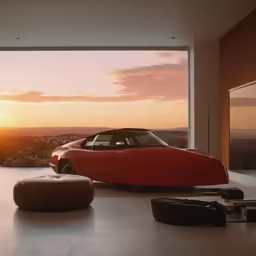 an artistic photograph of a modern looking car inside a home