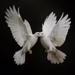 two white pigeons with yellow legs flying against a black background