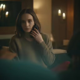 the young woman is talking on her cell phone
