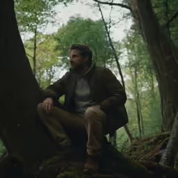 a man in a coat sitting on the bark of a large tree