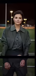 a woman is dressed in a coat and suit, leaning on a bench outside at night