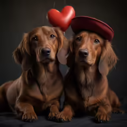 two dogs on black and grey with a red heart in the air