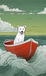 the polar bear sits in the boat floating on the water,a polar bear riding in a boat on top of water