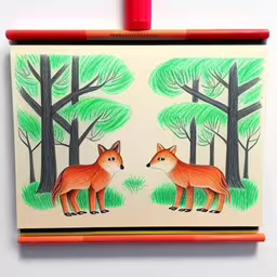 a picture of two foxes in a forest