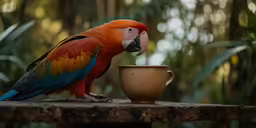 a close up of a colorful bird near a cup