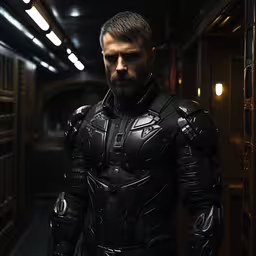 man in black leather and metal costume holding cigarette,a male in armor is looking ahead in an underground area