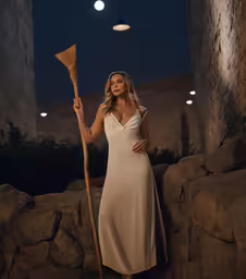 a woman posing for a photo holding a broom