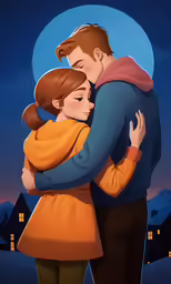 an animated scene with a man and woman hugging each other