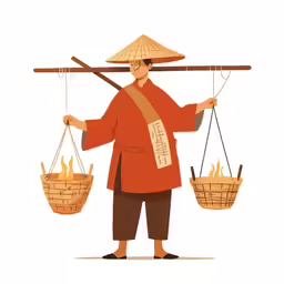 a man wearing an orange and red jacket is holding three baskets with fire on them