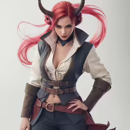 female elf with horns and horns, with red hair, dressed in costume