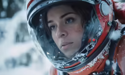 the young woman in the red jacket is dressed as a spaceman