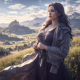 a beautiful woman standing on top of a hill