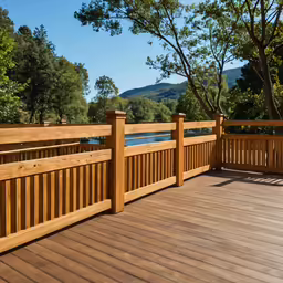 an outdoor deck overlooks a large lake