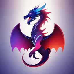 a blue and red dragon with wings is sitting on top of a white and gray background,the emblem of a dragon with wings
