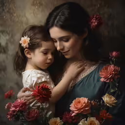 the painting is very professional and depicts a mother embracing her daughter