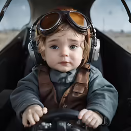 an infant wearing goggles sits inside of a vehicle