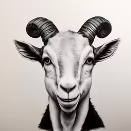 an animal with large horns, painted in black and white