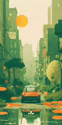 car driving in the city down an otherwise rainy street,there is a orange and black car on a street