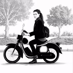 a woman riding a motorcycle down a street