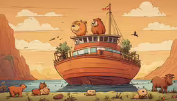 a boat is going down a river with bears on it,a bear and cubs sit on the bow of a ship