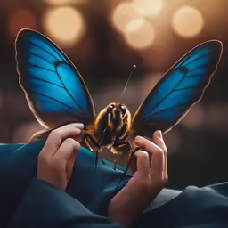 a person holding a butterfly over their shoulder