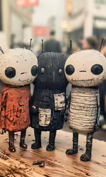 the three small toy characters are on display