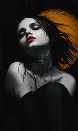 a woman wearing a choke necklace in a dark room