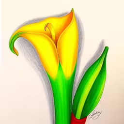a colorful painting of a flower in a vase,a painting with flowers is displayed on the wall,this is a picture of the flowers in the picture,this is a colored drawing of flowers on a white background,a drawing of a yellow flower with green stems