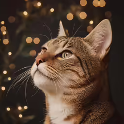 a striped cat looking up at the light coming from the tree