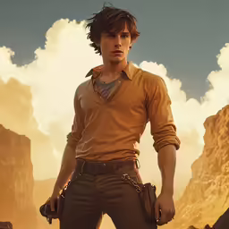 a young man holding a pair of guns next to mountain