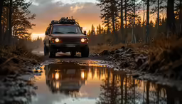 a suv is driving through a body of water