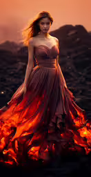 the woman in this dress is walking on fire,a woman in a dress that is covered in flames