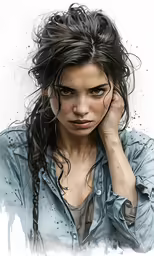 a portrait painted with inks of a woman in blue shirt