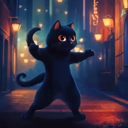 a black cat is standing in the middle of a street