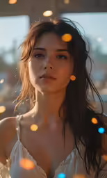 a woman wearing a white top with several colorful bubbles floating around her