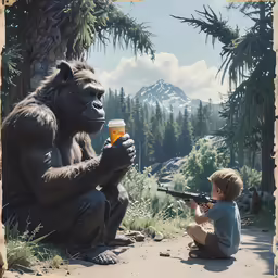 a young boy taking a shot at a gorilla from his zoo