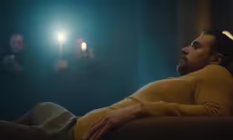 two people are in the background while the man watches from the couch