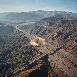 an airplane is traveling over a scenic highway