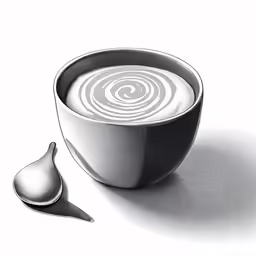 black and white photograph of a bowl of coffee next to a spoon
