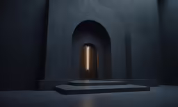 an empty room with stairs leading to the light