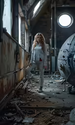 a woman in a large industrial building stands near an old machine