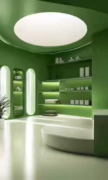 a modern salon with round shelves and open countertops