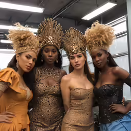 four models are standing in dresses posing for a photo