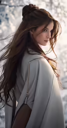 the girl is looking back while standing outside
