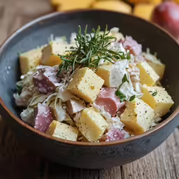 a blue bowl containing cubes of food with a sprig of rosemary