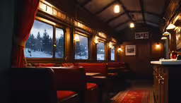 an empty dining car on the train with lots of lights,an empty dining car with red and brown chairs