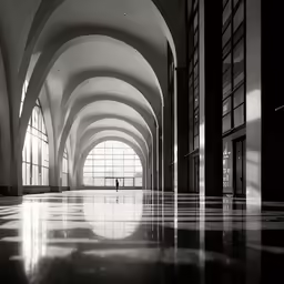 an empty building with arches and large windows